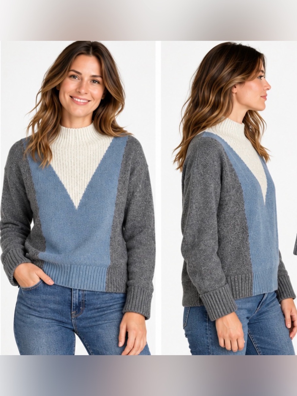 Lou & Grey Colorblock Mock Neck Sweater M Blue Gray Cream Wool Blend Cozy.